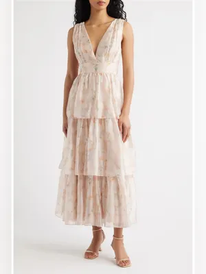 Lulus Vallia Tiered Maxi Dress Blush Floral $148 Small Dreamy Fairytale Wedding thumbnail 2