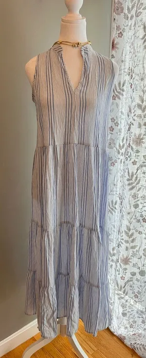 Banana Republic Striped Tiered Gauze Midi Dress - Sleeveless Blue & White Small thumbnail 1
