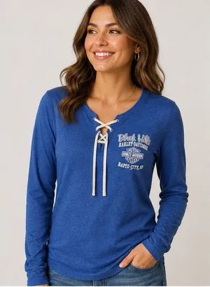 Harley-Davidson Scoop Neck Tie Lace Up Women’s Long Sleeve Rapid City See Pics thumbnail 1