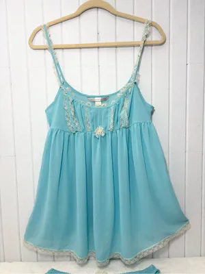 Victoria's Secret Y2K Vintage Sheer‎ Aqua Lace Trim Babydoll Chemise Brief Set thumbnail 3