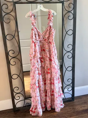 Mac Duggal 55816 Womens Pink Ruffled Sleeveless Draped Tiered Floral Print Gown thumbnail 3