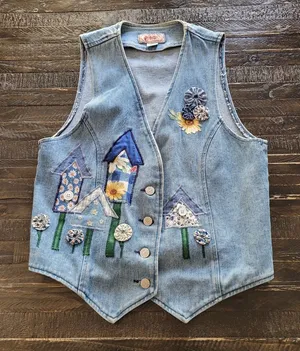 Vtg Apache Denim Vest - Women's Medium USA - BirdHouse/Flowers thumbnail 1