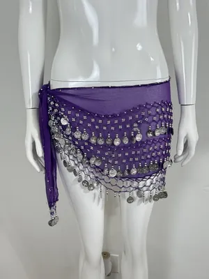 Belly Dance Hip Scarf Coin Belt Purple Chiffon Gold Coins Festival Costume thumbnail 1