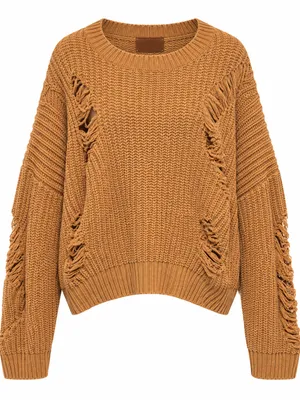 POL Camel Distressed Oversized Chunky Knit Sweater Boho Cropped Pullover Medium thumbnail 1
