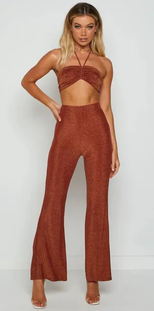 Beginning Boutique Stassie Brown Metallic Glitter Halter Top Flare Pants Set 8 thumbnail 1