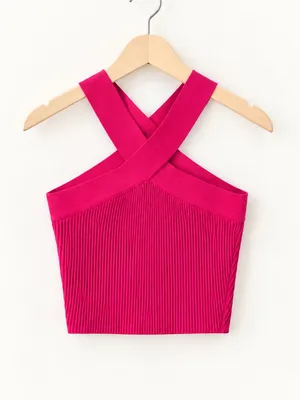 Babaton Aritzia Fuchsia Ribbed Crisscross Cropped Knit Fitted Halter Top Size XS thumbnail 4