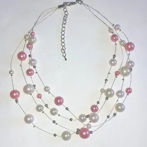 Silver Tone & White Pink Faux Pearl Beaded Boho Multi Strand Wire Necklace thumbnail 1