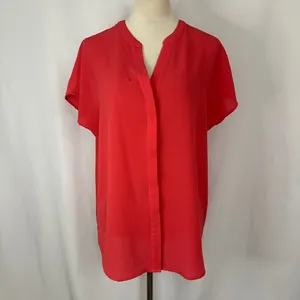 Adrianna Papell Blouse Top V-Neck‎ Short Sleeve Button Up Orange Red Women Large thumbnail 2