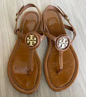 Tory Burch Tan Leather Sandals with Gold Emblem thumbnail 1