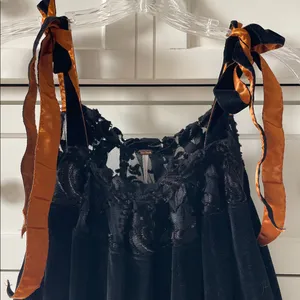 Free People Women’s Black Velvet Lace Trim Babydoll Orange Ribbon Straps - Small thumbnail 5