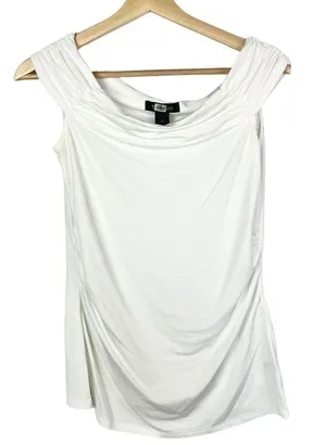 White House Black Market WHBM White Ruched‎ Side Off Shoulder Blouse S thumbnail 1
