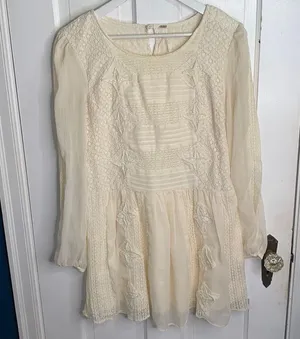 Free People Leigh Ivory Chiffon Lace Bohemian Dress Long Sleeve W-599 Sz S thumbnail 5