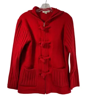 Coldwater Creek Red 100% Wool Hooded Zip Toggle Cardigan Sweater Medium thumbnail 1