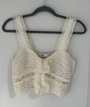 Zara Contrast Trim Knit Top in Ecru thumbnail 1