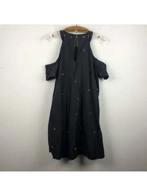 Zara navy blue cold shoulder poplin dress beaded detail XS thumbnail 6