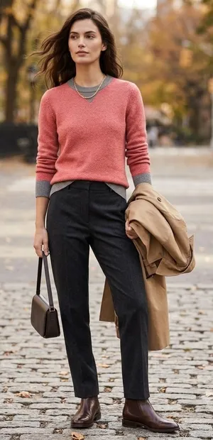 Club Monaco Italian Cashmere Sweater‎ Coral Pink Grey Trim Crew Neck XS q2645 thumbnail 1