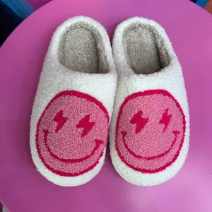 Pink Smiley Face Lightning Bolt Eyes Womens 6.5-7.5‎ / 37-38 Slippers Slides NEW thumbnail 2
