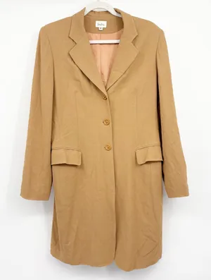 Neiman Marcus Womens Camel Tan Wool Blend Longline Vintage 90s Blazer Size 12 thumbnail 1