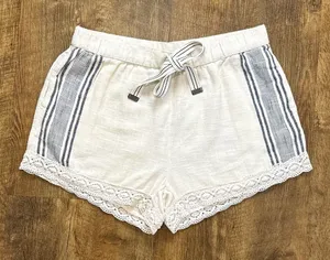 NWT Aerie Cotton Linen Stripe Lace Shorts Sz Medium Tie Waist thumbnail 1