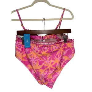 CUPSHE Pink Orange Palm Leaf Ruffle Bikini‎ Swimsuit Set Size L thumbnail 4