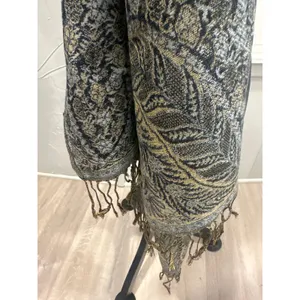Luxurious Pashmina Silk Blend Scarf Gold Blue Paisley Tassel Fringe 26x72 winter thumbnail 3
