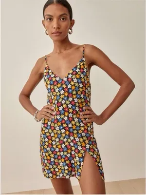 Reformation Marlow Danica Floral Mini Dress Side Slit Retro Womens Size S thumbnail 1