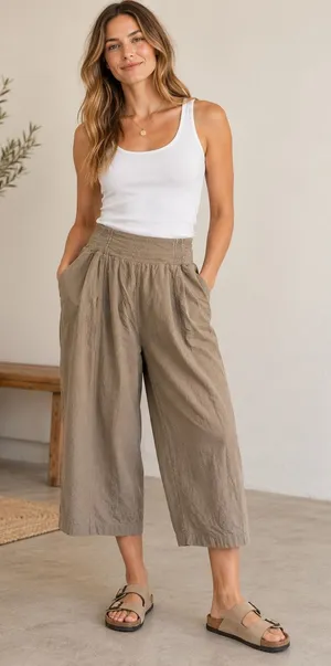 Mono b brown wide leg crop elastic waist pants Large classic thumbnail 1