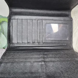 Coach Signature Jacquard Trifold Wallet Black Beige Canvas Leather Checkbook Y2K thumbnail 7