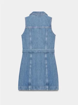 Zara Sleeveless Denim Button-Front Mini Dress in Blue with Belt thumbnail 7
