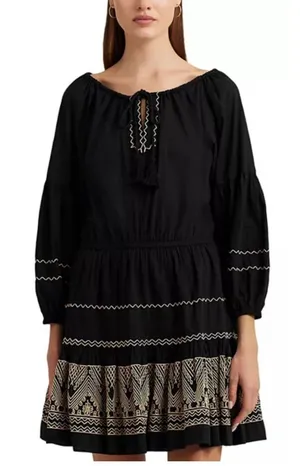 Polo Ralph Lauren Embroidered Peasant Midi Dress Black Size 2 Cotton Voile thumbnail 1