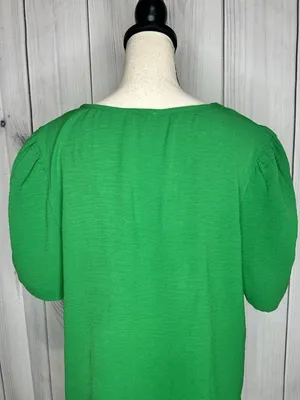 Jodifl Womens Sz Large Bright Green Short Ruched Sleeve V-Neck Blouse thumbnail 8