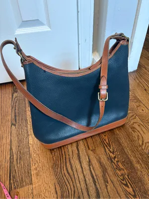 Dooney & Bourke Vintage Navy Blue Pebbled Leather Hobo Shoulder Bag Tan Trim thumbnail 2