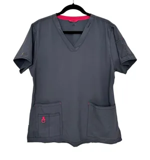 Carhartt Force Scrub Top Women’s Large Gray Pink Trim V-Neck Pockets Medical thumbnail 1