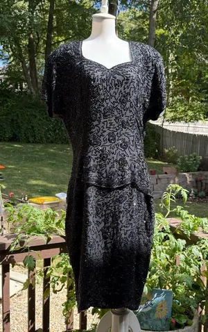 VTG 90s Black Tie Black 100% Silk Sequin Beaded Dress size 14 Shoulder Pad thumbnail 1