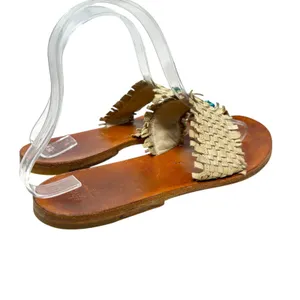 Henry Cuir‎ Slide Sandals Leather Woven Rattan Beaded Tan Brown Size 38 US 8 thumbnail 7