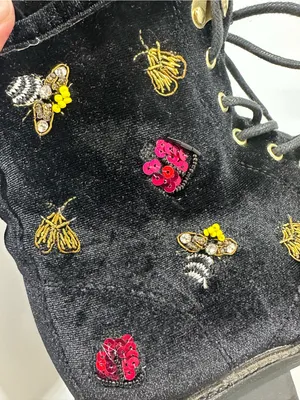 Betsey Johnson Bugsy Black Velvet Combat Boots Beaded Insect Bee Sz 8 Whimsigoth thumbnail 8