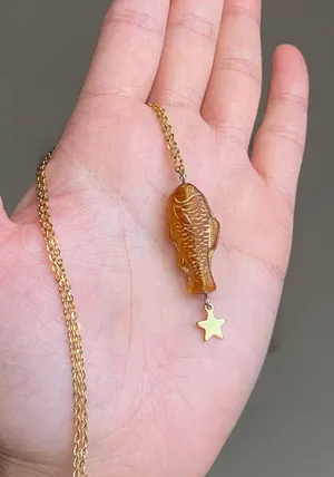 Handmade quality Czech glass amber fish & star boho funky fairy necklace🌀🐟💚 thumbnail 8
