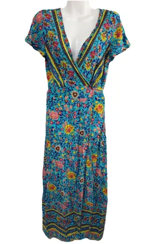 Pretty Garden Wrap Short Sleeve Maxi Dress Colorful Beautiful Boho Prairie sz M thumbnail 1