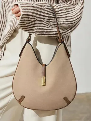 NEW faux leather round Light Taupe cream Crescent Shoulder Bag with Gold Accent thumbnail 6