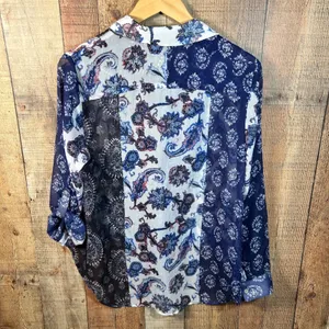 Chico's Blue Paisley Sheer Button Up Roll Tab Sleeve Front Tie Top Size 1 Boho thumbnail 9