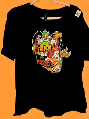Disney Black Ursula & Ariel Trick or Treat T-Shirt Colorful Halloween Design thumbnail 1
