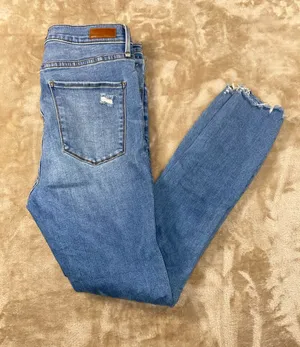 Abercrombie & Fitch Medium Blue High Waist Skinny Jeans with Frayed Hem thumbnail 1