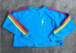 Aviator Nation Nein Blue Cropped Crewneck Sweatshirt 5 Stripes thumbnail 1