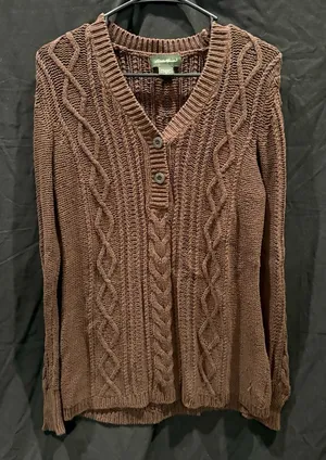 Eddie Bauer Chocolate Brown Cable-Knit V-Neck Sweater thumbnail 1