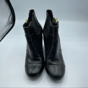 Tory Burch Black Leather Ankle Boots Wedges Womens 5 Booties Luxury Gold Buckle thumbnail 8