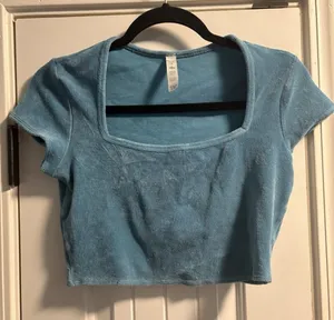 Alo Yoga Crop Top Womens Small Blue Terry Cloth Square Neck Short Sleeve Yoga thumbnail 1