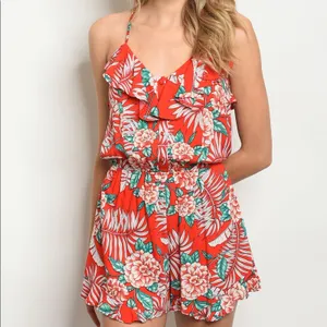 Red Ruffle Romper Tropical Floral thumbnail 2