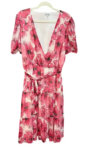 Mimi Chica Pink Floral Poppy Tiered‎ Midi Dress Metallic Accents Sz XL thumbnail 1