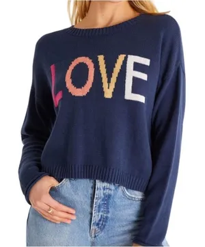 Z Supply Love rainbow navy S cropped cotton sweater thumbnail 1