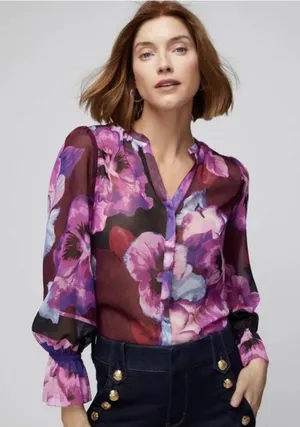 White House Black Market Purple Floral Tie Neck Blouse •Small thumbnail 1